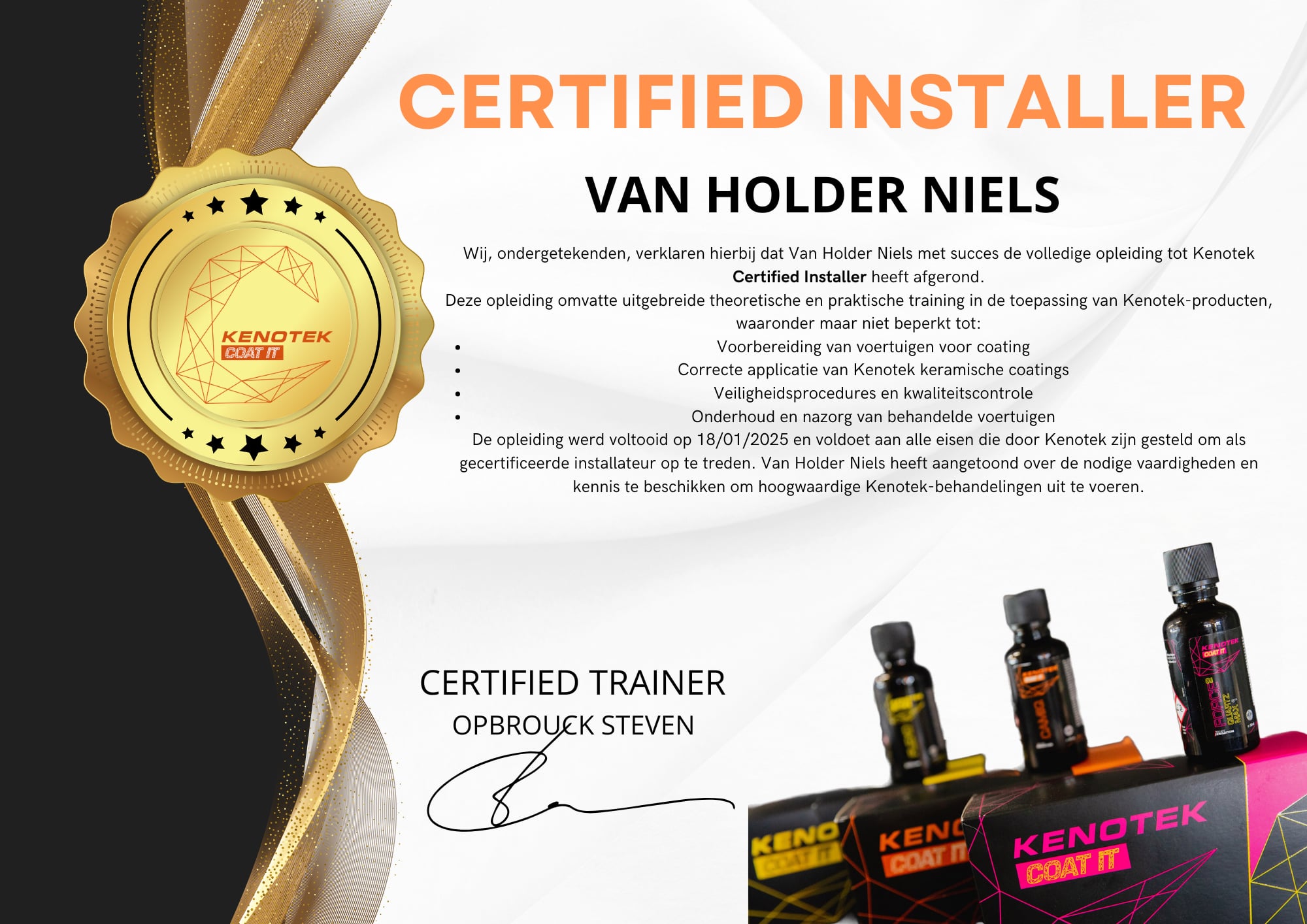 Certificaat Certified Installer Kenotek voor het voorbereiden en plaatsen van Coatings
